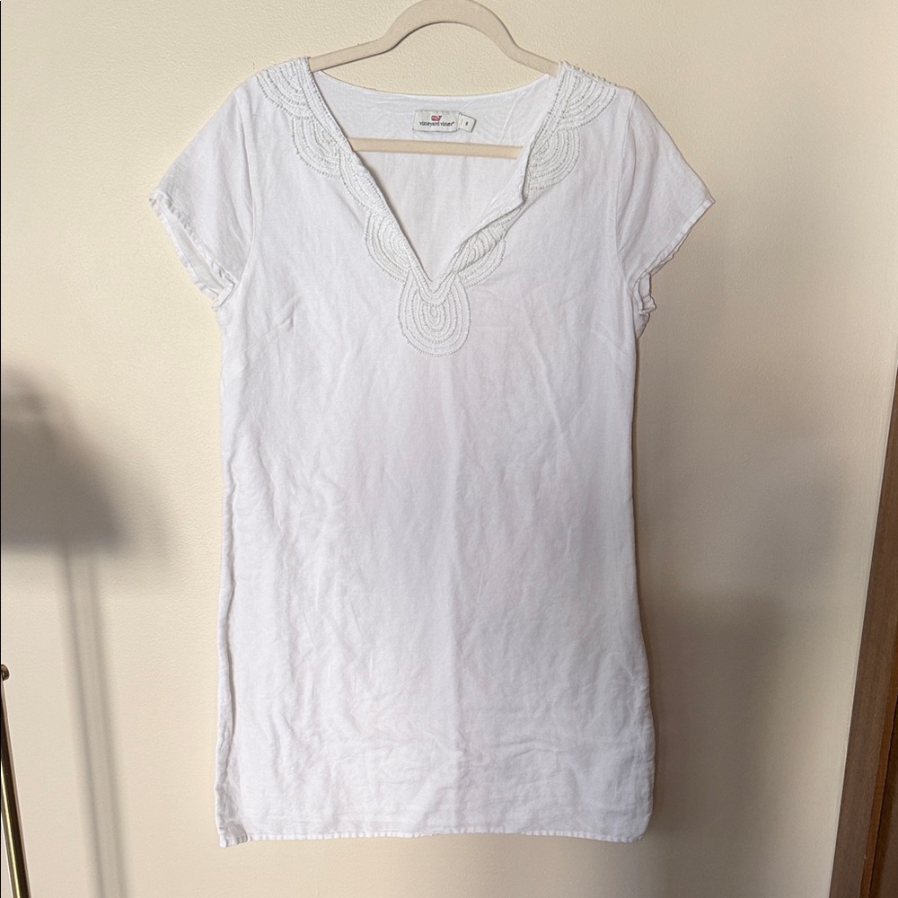 Vineyard Vines Dress Women's Size 8 Linen Cotton Blend Lined Beaded White